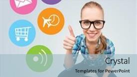  Presentation with internet communication - Beautiful slide deck featuring communication technology internet and people concept - smiling teenage girl in eyeglasses sitting on floor and holding tablet pc computer over gray background with colorful icons backdrop and a light blue colored foreground