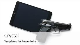  Presentation with tablet - PPT layouts enhanced with communication technology law enforcement - handgun and tablet on white background and a white colored foreground
