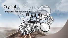  Presentation with tracks - Cool new slide set with communications-doodle-against-train-tracks backdrop and a light blue colored foreground