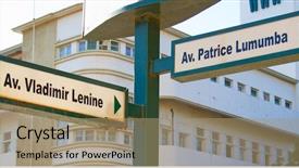  Presentation with street - Slide deck with communism - rusty street signs in maputo background and a coral colored foreground