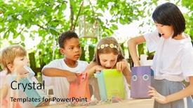  Presentation with birthday kids - Colorful slide deck enhanced with community bags - group of kids unpacking presents backdrop and a coral colored foreground