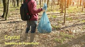  Presentation with plastic bag impact on environment - Beautiful PPT layouts featuring community bags - young guy holding big plastic backdrop and a coral colored foreground