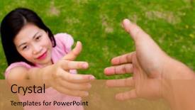  Presentation with community - Amazing PPT theme having community care - man and woman hands backdrop and a  colored foreground