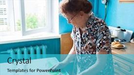  Presentation with dedication - Slide set consisting of community dedication - elderly woman on the kitchen background and a  colored foreground