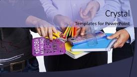  Presentation with focus group - Colorful presentation theme enhanced with community dedication - group of hands holding education backdrop and a light blue colored foreground