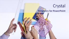  Presentation with focus group - Cool new PPT theme with community dedication - group of hands holding education backdrop and a sky blue colored foreground