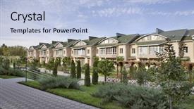  Presentation with neighborhood - Beautiful slide deck featuring community development - row of houses in suburban backdrop and a light blue colored foreground