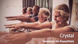  Presentation with elderly people exercise patient training - PPT theme with community exercise - cheerful senior people exercising background and a coral colored foreground