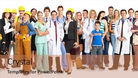  Presentation with community health - Presentation enhanced with community health nursing - large group of smiling workers background and a coral colored foreground