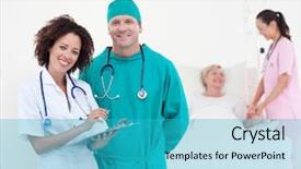  Presentation with moving patient to hospital bed - PPT theme enhanced with community healthcare - team of doctors background and a teal colored foreground