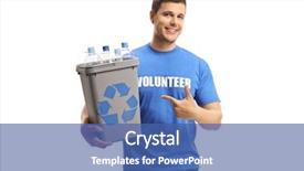  Presentation with plastic recycling - Audience pleasing PPT theme consisting of community helpers - smiling male volunteer holding backdrop and a ocean colored foreground