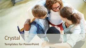  Presentation with circle - Amazing PPT theme having community learners - overview of several students making backdrop and a sky blue colored foreground