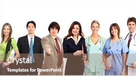  Presentation with community - Theme consisting of community nursing - large group of smiling workers background and a coral colored foreground