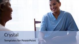  Presentation with nursing to nurse communication - PPT theme featuring community nursing patient - nurse interacting with senior woman background and a light blue colored foreground