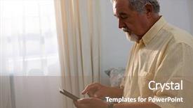  Presentation with man relaxing on massage table - Slides having community nursing patient - senior man using digital tablet background and a coral colored foreground