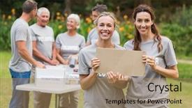  Presentation with community outreach - Amazing slide set having community outreach - happy volunteer family holding donation backdrop and a coral colored foreground