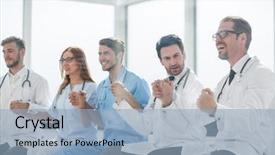  Presentation with community - Beautiful slide set featuring community physicians - doctors sit in a row backdrop and a  colored foreground