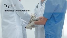  Presentation with joint venture hand together - Slides with community physicians - group of doctors clasped their background and a  colored foreground