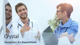  Presentation with meeting a doctor - Presentation theme with community physicians - group of doctors background and a  colored foreground