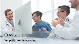  Presentation with meeting - Beautiful slide deck featuring community physicians - group of doctors backdrop and a  colored foreground