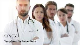  Presentation with portrait of medical professionals - Slide deck featuring community physicians - portrait of medical team standing background and a light gray colored foreground