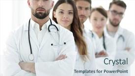  Presentation with medical emergency trauma team - Cool new slide deck with community physicians - portrait of medical team standing backdrop and a sky blue colored foreground