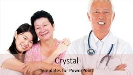  Presentation with senior asian - Audience pleasing presentation design consisting of community physicians - smiling friendly asian senior medical backdrop and a coral colored foreground