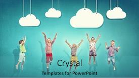  Presentation with colorful celebration - Presentation theme featuring school celebration - group of children jumping high background and a teal colored foreground