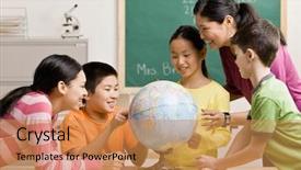  Presentation with geography - Audience pleasing theme consisting of chinese children - teacher and students viewing globe backdrop and a coral colored foreground