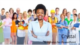  Presentation with african american in business - Presentation theme enhanced with community worker - beautiful african american woman background and a light blue colored foreground