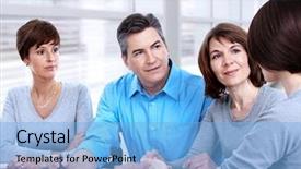  Presentation with small group working - Beautiful presentation design featuring community worker - group of business people working backdrop and a  colored foreground