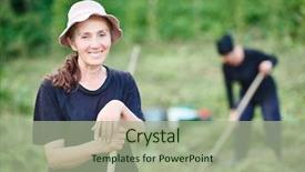  Presentation with oil in tank farm - PPT theme having community worker - portrait of georgian villager background and a mint green colored foreground