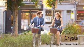  Presentation with bike - Slide set enhanced with commute - businesswoman and businessman riding bike background and a coral colored foreground