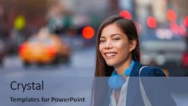  Presentation with new york night - Theme consisting of commute - young professional asian woman hip background and a seafoam green colored foreground