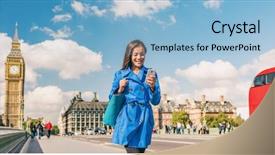  Presentation with city people walking - Presentation theme consisting of commuter - london city commute panoramic background background and a light blue colored foreground