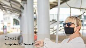  Presentation with commuter - PPT theme consisting of commuter-with-face-mask background and a mint green colored foreground