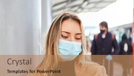  Presentation with commuter - Colorful PPT layouts enhanced with commuter-woman-with-face-mask backdrop and a coral colored foreground