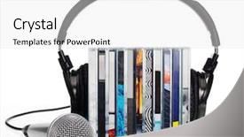  Presentation with headphones - Presentation design consisting of compact disk - hi-fi headphones on stack background and a white colored foreground