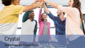  Presentation with giving - Theme with companies soccer - executives giving high five while background and a teal colored foreground