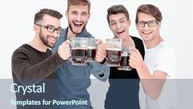  Presentation with virile young men - Colorful presentation design enhanced with companies soccer - four happy young men clinking backdrop and a ocean colored foreground