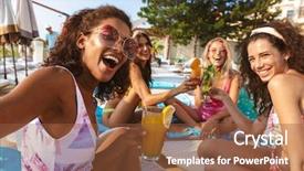  Presentation with community service happy volunteer group - PPT theme consisting of sitting outdoors in pool dressed background and a tawny brown colored foreground