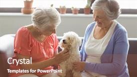  Presentation with retirement - Colorful PPT layouts enhanced with nurse patient relationship - senior women stroking a dog backdrop and a tawny brown colored foreground