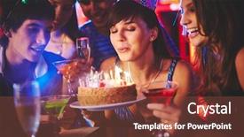  Presentation with happy birthday cake - Theme with company anniversary - happy girl blowing on candles background and a tawny brown colored foreground