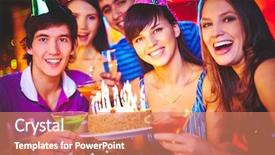  Presentation with party candles - Colorful theme enhanced with company anniversary - male and female friends holding backdrop and a coral colored foreground