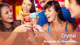  Presentation with happy birthday - Cool new slides with company anniversary - portrait of joyful friends toasting backdrop and a coral colored foreground