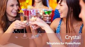  Presentation with birthday party - Slide deck consisting of company anniversary - portrait of joyful friends toasting background and a coral colored foreground