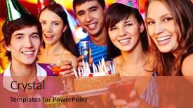  Presentation with birthday cake - Cool new slides with company anniversary - portrait of joyful friends backdrop and a red colored foreground