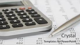  Presentation with business report - Presentation having company annual report analysis - calculator and pen background and a  colored foreground