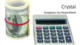  Presentation with debt management money - PPT layouts enhanced with company annual report analysis - money and calculator isolated background and a  colored foreground