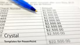  Presentation with financial money market - Presentation design featuring company annual report analysis - pen and money figures background and a light gray colored foreground